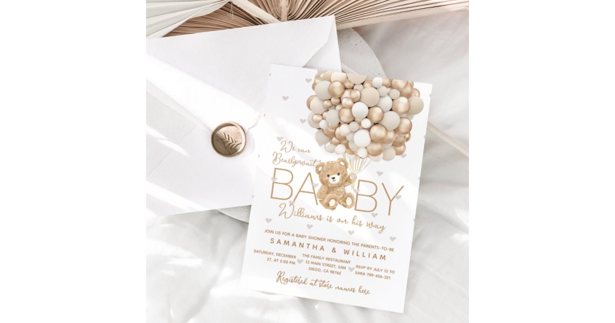Teddy Bear Gold Balloon Gender Neutral Baby Shower Invitation | Zazzle
