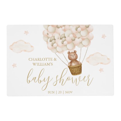 Teddy Bear Gold Balloons Girl Baby Shower Placemat