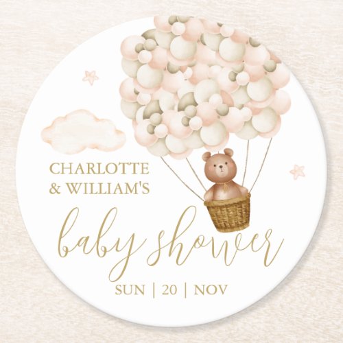 Teddy Bear Gold Balloons Girl Baby Shower Round Paper Coaster