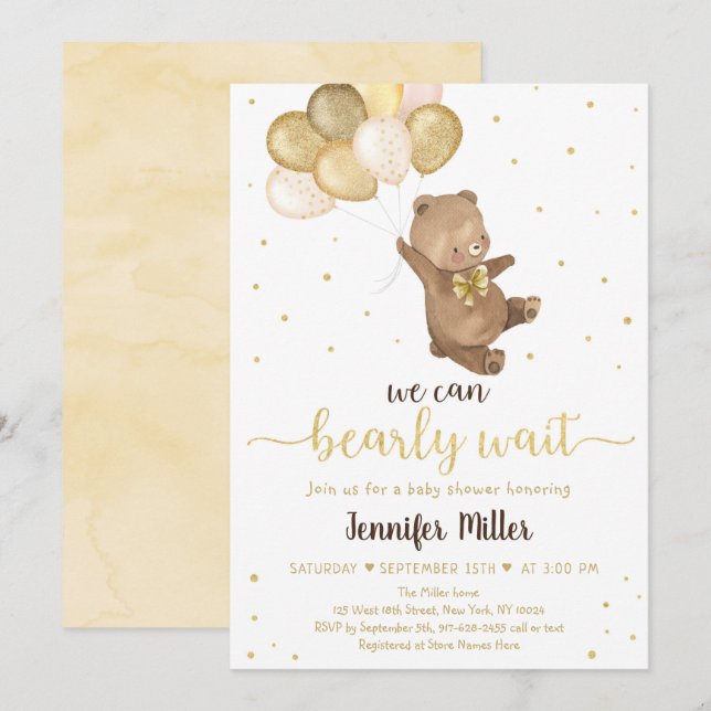 Teddy Bear Gold Balloons Neutral Baby Shower Invitation (Front/Back)
