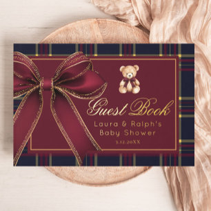 Teddy Bear Gold Bow Classic Plaid Baby Shower Foil Guest Book