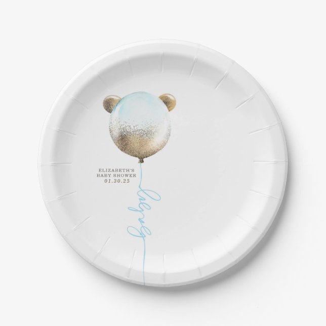 Teddy Bear Gold Glitter Balloon Cute Baby Shower Paper Plates (Front)