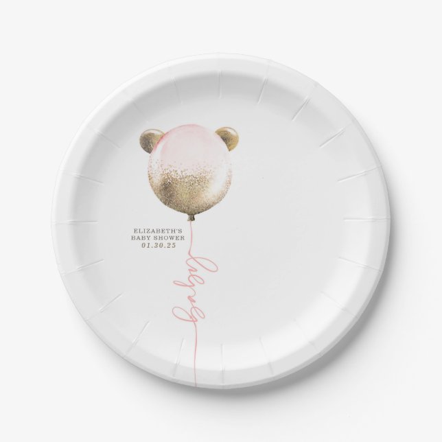 Teddy Bear Gold Glitter Balloon Cute Baby Shower Paper Plates (Front)