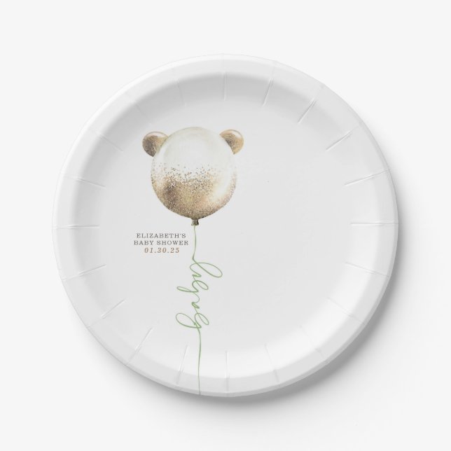 Teddy Bear Gold Glitter Balloon Cute Baby Shower Paper Plates (Front)