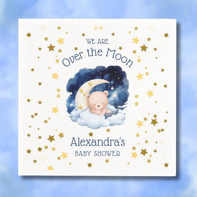 Teddy Bear Gold Stars Over the Moon Baby Shower Napkins (Creator Uploaded)