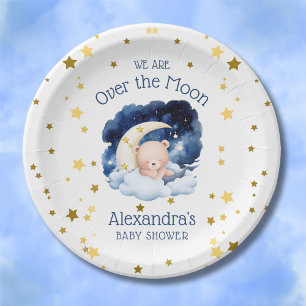 Teddy Bear Gold Stars Over the Moon Baby Shower Paper Plates