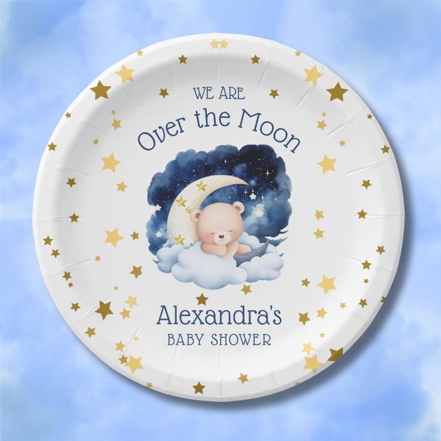 Teddy Bear Gold Stars Over the Moon Baby Shower Paper Plates (Creator Uploaded)