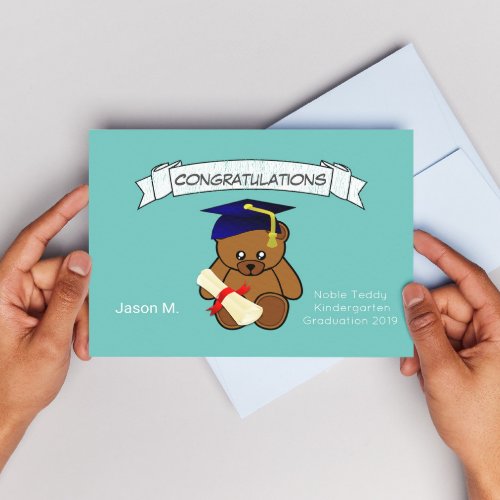 teddy bear graduation in neon light teal postcard