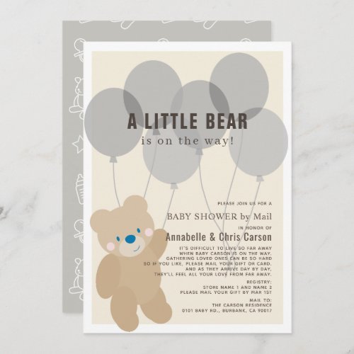 Teddy Bear Gray Gender Neutral Baby Shower by Mail Invitation