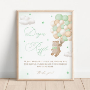 Teddy Bear Green Baby Shower Diaper Raffle Poster