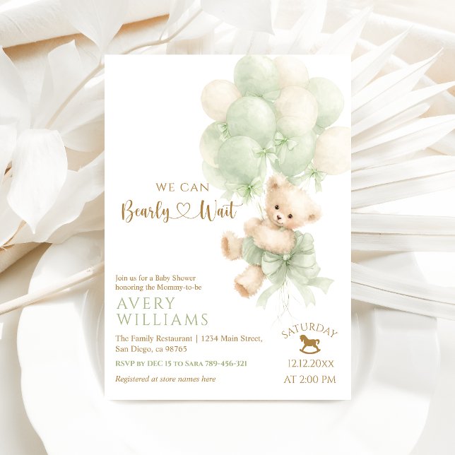 Teddy Bear Green Balloon Bow Neutral Baby Shower Invitation (Creator Uploaded)