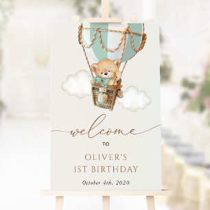 Teddy Bear, Green Balloon, First Birthday Welcome Poster
