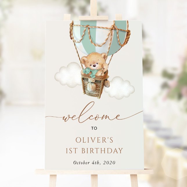 Teddy Bear, Green Balloon, First Birthday Welcome Poster (Creator Uploaded)