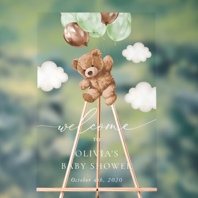 Teddy Bear, Green Balloons, Baby Shower Welcome Acrylic Sign (Neutral)