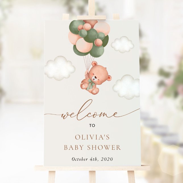 Teddy Bear, Green Balloons, Baby Shower Welcome Poster (Creator Uploaded)