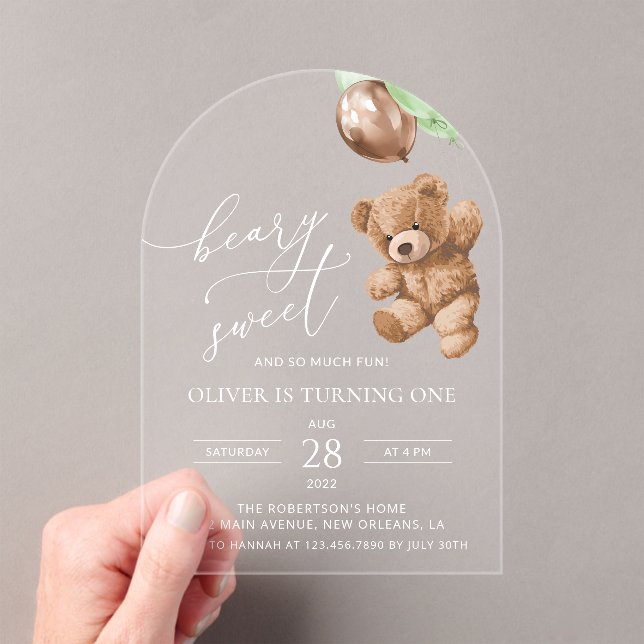 Teddy Bear, Green Balloons, First Birthday Acrylic Invitations (Insitu (Handheld))