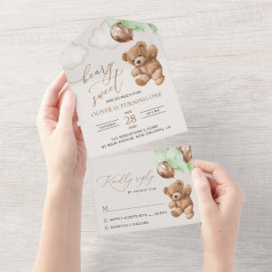 Teddy Bear, Green Balloons, First Birthday All In One Invitation