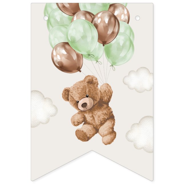 Teddy Bear, Green Balloons, First Birthday Bunting Flags (First Flag)
