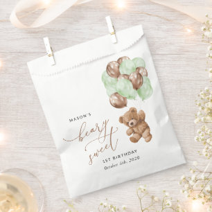 Teddy Bear, Green Balloons, First Birthday Favor Bag