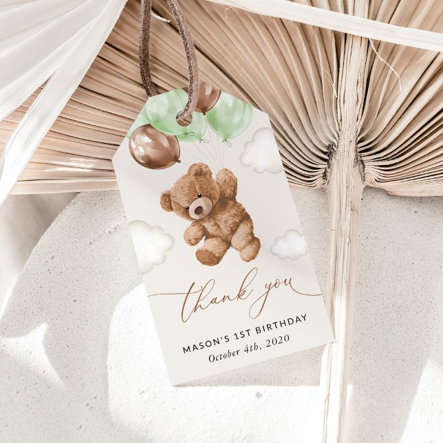 Teddy Bear, Green Balloons, First Birthday Gift Tags (Creator Uploaded)