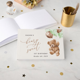 Teddy Bear, Green Balloons, First Birthday Guest Book