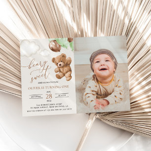 Teddy Bear, Green Balloons, First Birthday Invitation