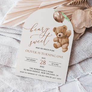 Teddy Bear, Green Balloons, First Birthday Invitation