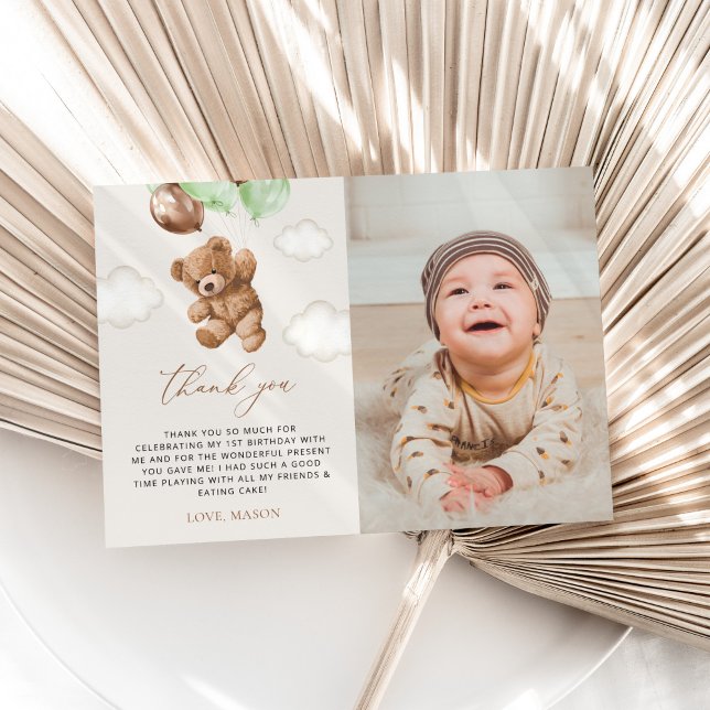 Teddy Bear, Green Balloons, First Birthday Thank You Card (Creator Uploaded)