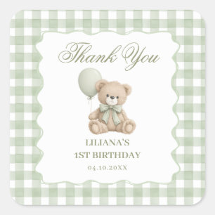 Teddy Bear Green Birthday Square Sticker