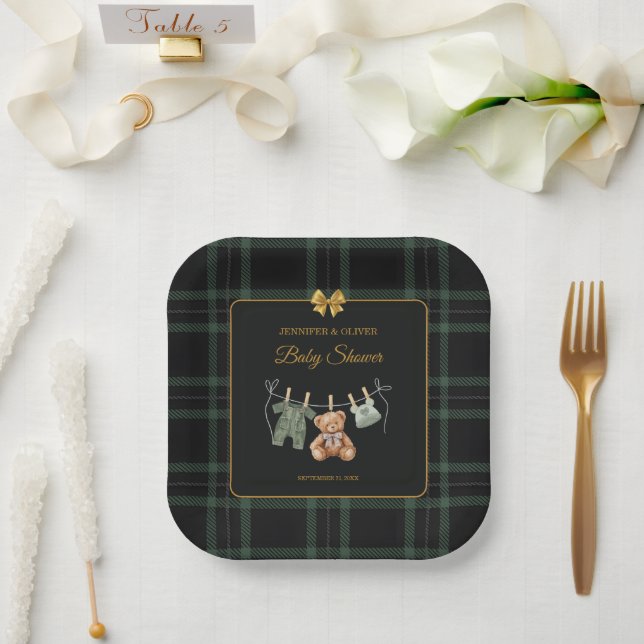 Teddy Bear Green Buffalo Check Paper Plates (Wedding)