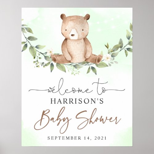 Teddy Bear Green Floral Baby Shower Welcome Sign