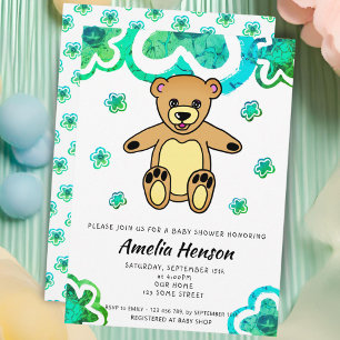 Teddy Bear Green Flowers Floral Baby Shower Invitation