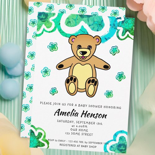 Teddy Bear Green Flowers Floral Baby Shower  Invitation