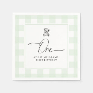 Teddy Bear Green Gingham 1st Birthday Napkins