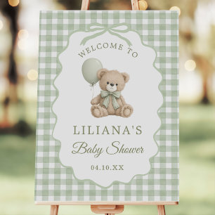 Teddy Bear Green Gingham Baby Shower Welcome Sign