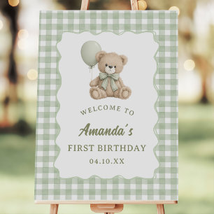 Teddy Bear Green Gingham Birthday Welcome Sign