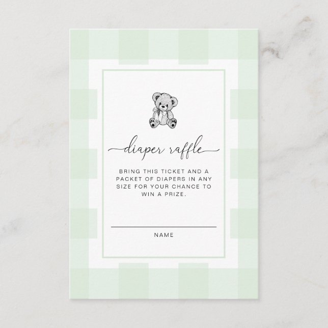 Teddy Bear Green Gingham Diaper Raffle Ticket Enclosure Card (Front)