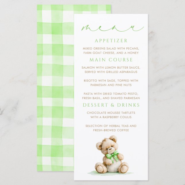 Teddy Bear Green Gingham Pattern Menu Cards (Front/Back)