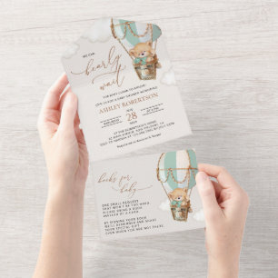 Teddy Bear, Green Hot Air Balloon, Baby Shower All In One Invitation