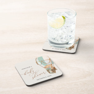 Teddy Bear, Green Hot Air Balloon, Baby Shower Beverage Coaster