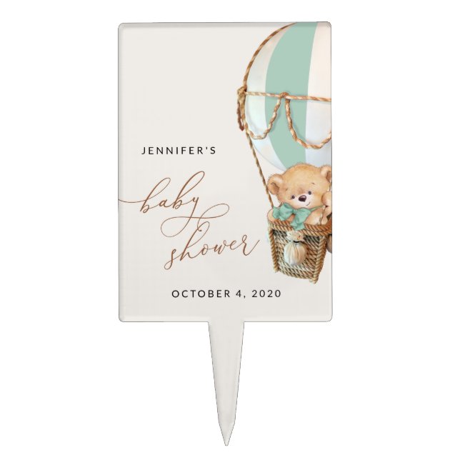 Teddy Bear, Green Hot Air Balloon, Baby Shower Cake Topper (Front)