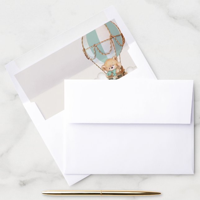 Teddy Bear, Green Hot Air Balloon, Baby Shower Envelope Liner (Desk)