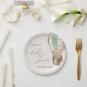 Teddy Bear, Green Hot Air Balloon, Baby Shower Paper Plates