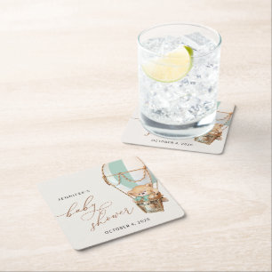 Teddy Bear, Green Hot Air Balloon, Baby Shower Square Paper Coaster