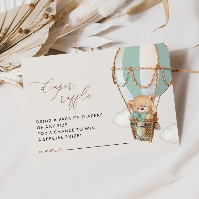 Teddy Bear, Green Hot Air Balloon, Diaper Raffle Enclosure Card (Creator Uploaded)