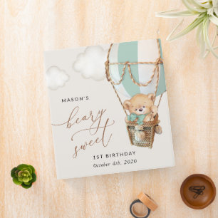 Teddy Bear, Green Hot Air Balloon, First Birthday 3 Ring Binder