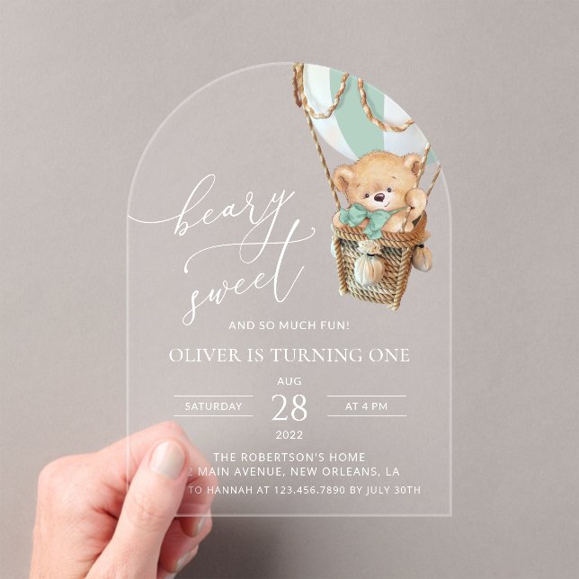 Teddy Bear, Green Hot Air Balloon, First Birthday Acrylic Invitations (Insitu (Handheld))