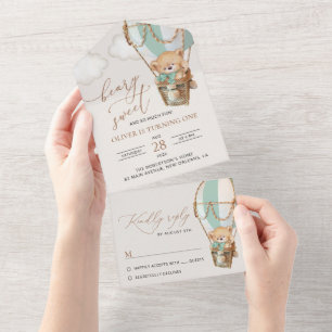 Teddy Bear, Green Hot Air Balloon, First Birthday All In One Invitation