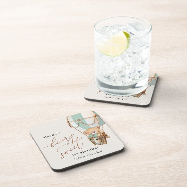 Teddy Bear, Green Hot Air Balloon, First Birthday Beverage Coaster (Right Side)