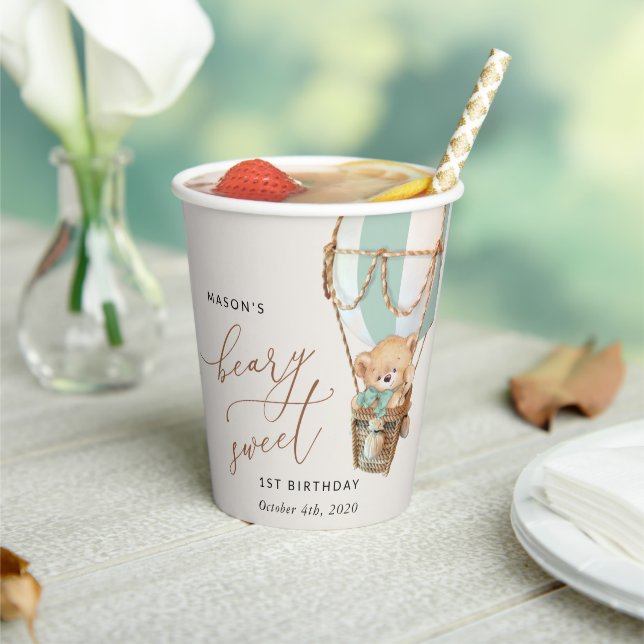 Teddy Bear, Green Hot Air Balloon, First Birthday Paper Cups (Insitu)